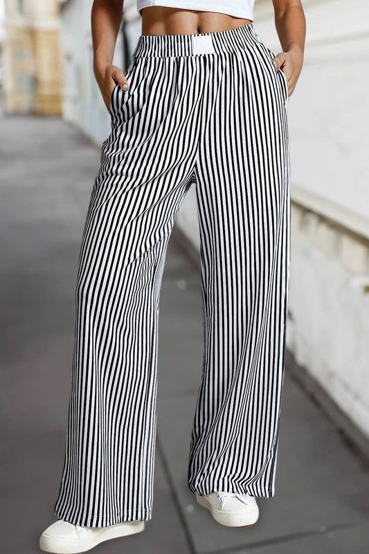 Stripe Elastic High Waist Wide Leg Casual Pants | S-XL