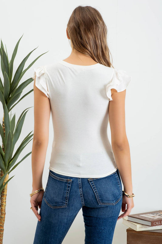 Solid Ruffle Flutter Sleeve Knit Top