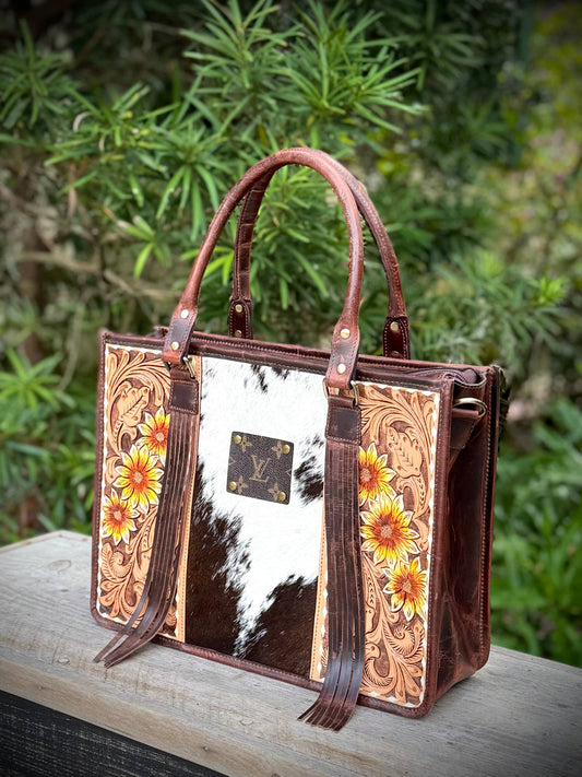 Upcycled Tooled Leather Cowhide Tote Crossbody Bag Western 