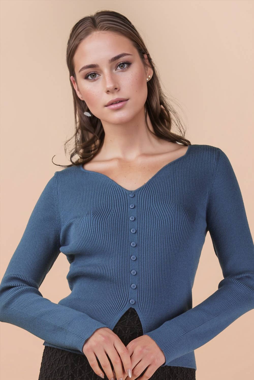 Button Down Fitted Knit Sweater Top
