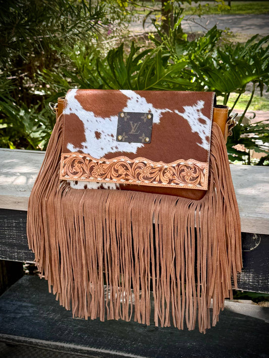 Upcycled Cowhide Leather Fringe Crossbody Bag Western LV 