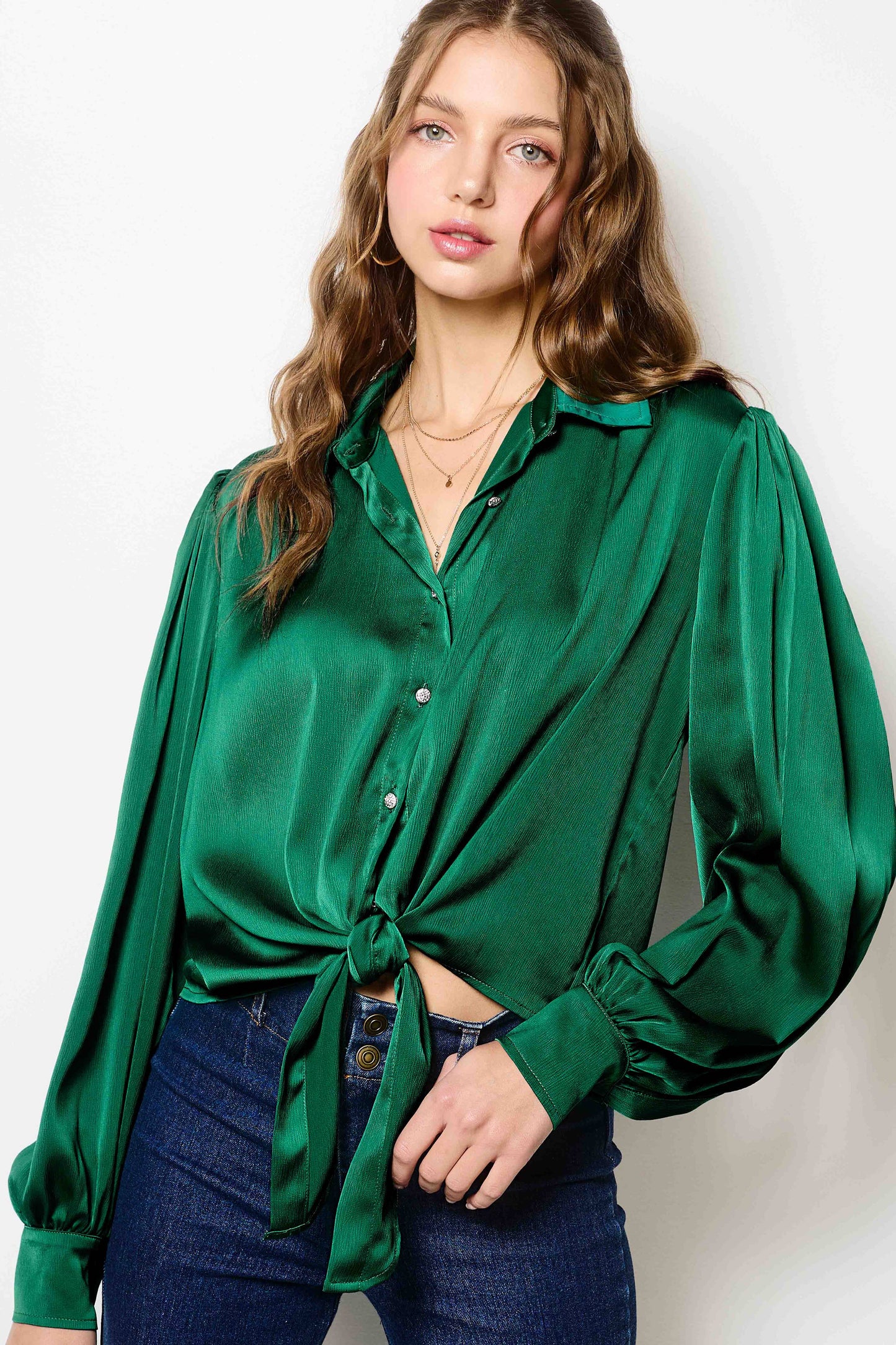 Flowy Button Down Balloon Sleeve Tie-Front Shirt
