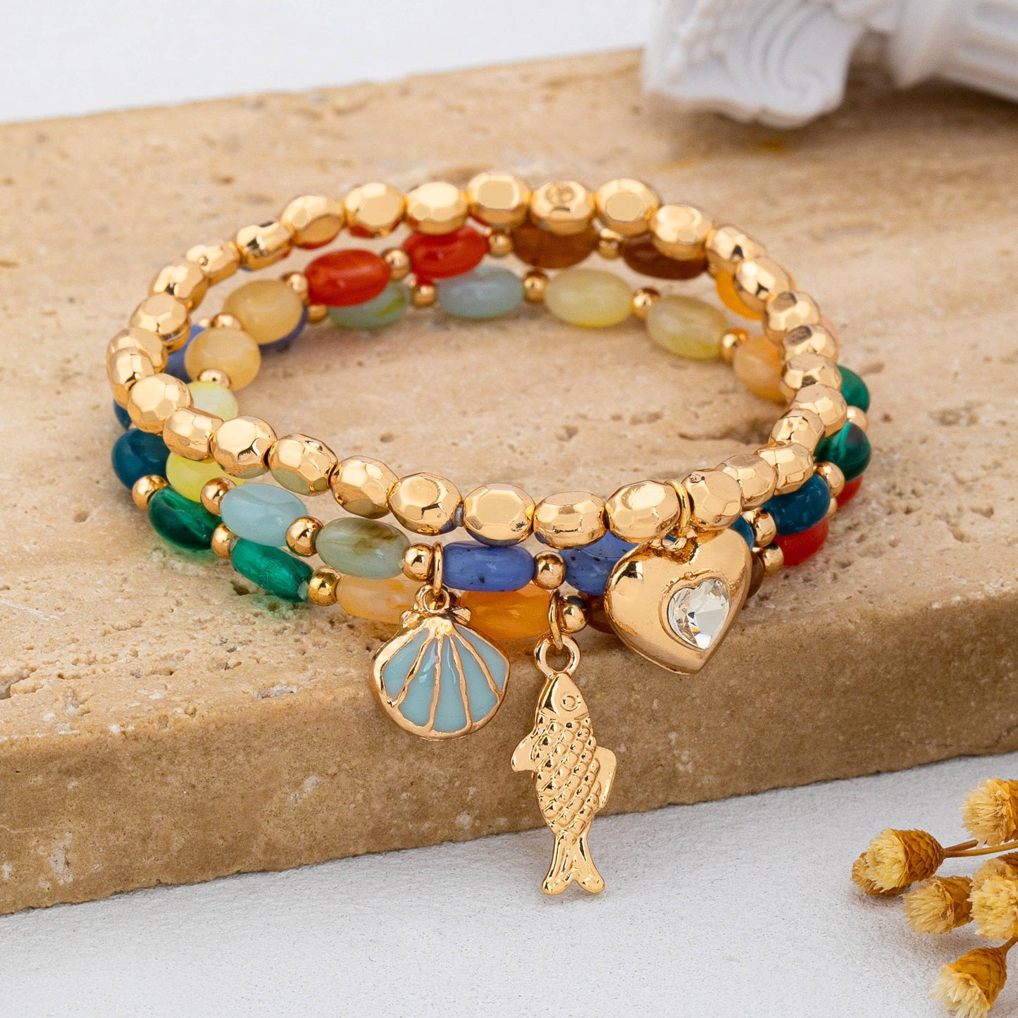 Multi-Color Beaded Layered Charm Bracelet