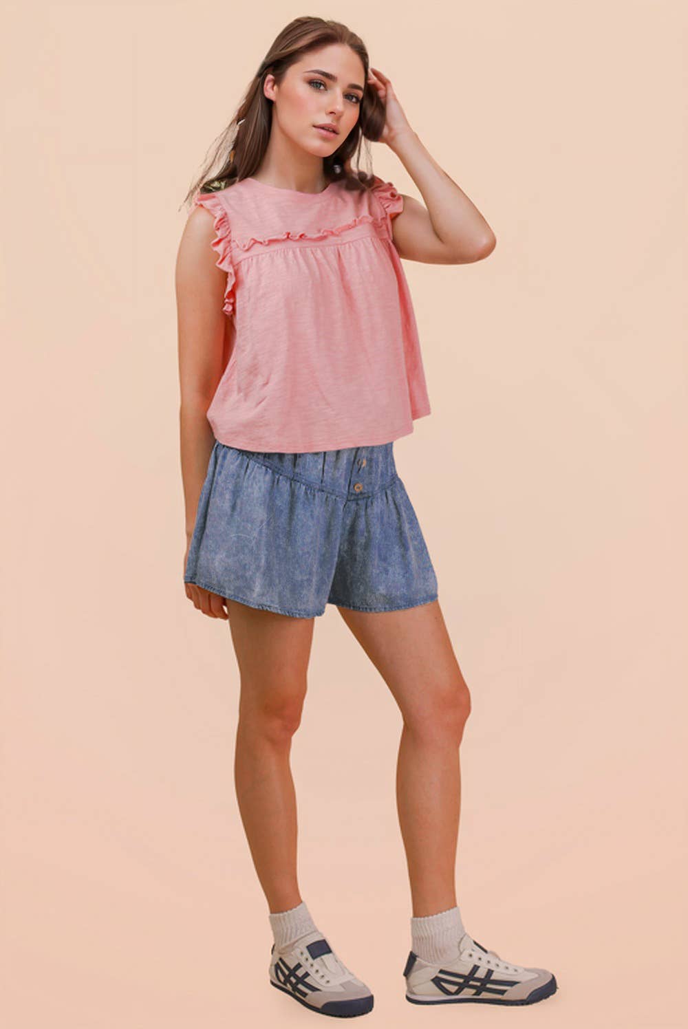 Chambray Button Down Flare Shorts