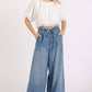 WASHED DENIM ELASTIC BUTTON FLY WIDE LEG PANTS