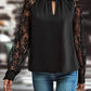 Black Keyhole Neckline Floral Lace Raglan Sleeve Blouse