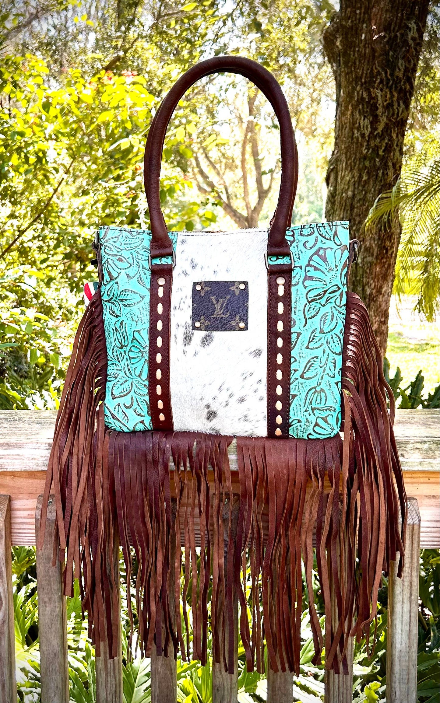 Upcycled LV Cowhide Leather Fringe Crossbody Satchel Bag