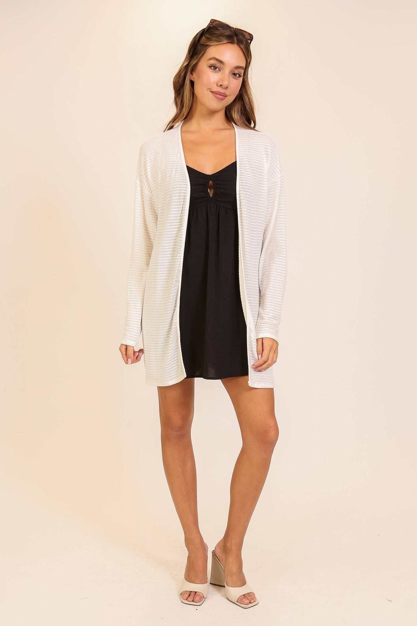 Open-Front Waffle Knit Cardigan