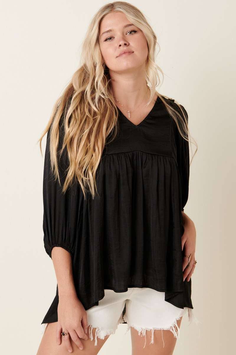 SATIN EMPIRE WAIST PUFF SLEEVE BLOUSE