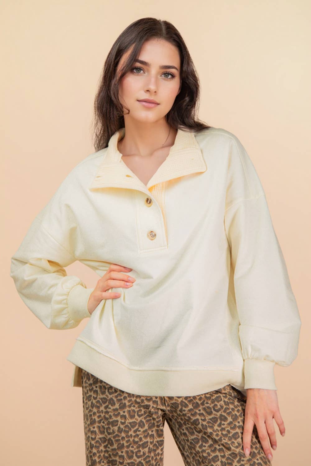 Mock Neck Mineral Washed Knit Causal Top