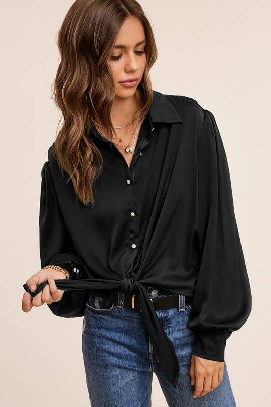 Flowy Button Down Balloon Sleeve Tie-Front Shirt