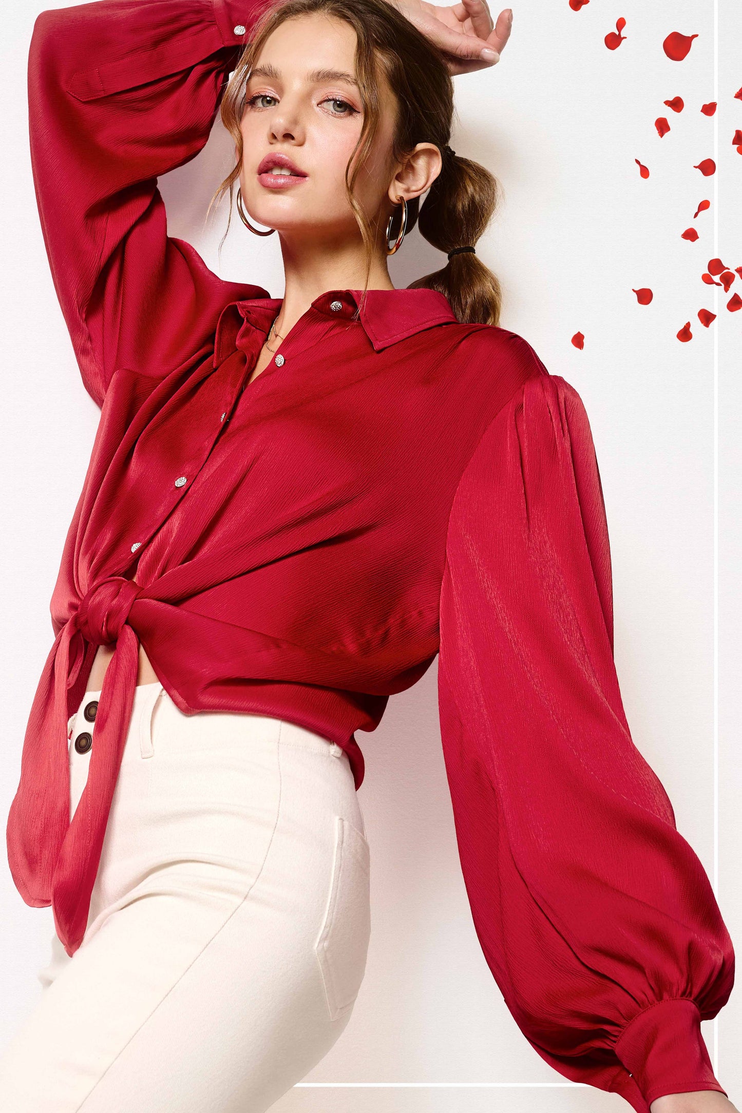 Flowy Button Down Balloon Sleeve Tie-Front Shirt