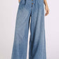 WASHED DENIM ELASTIC BUTTON FLY WIDE LEG PANTS