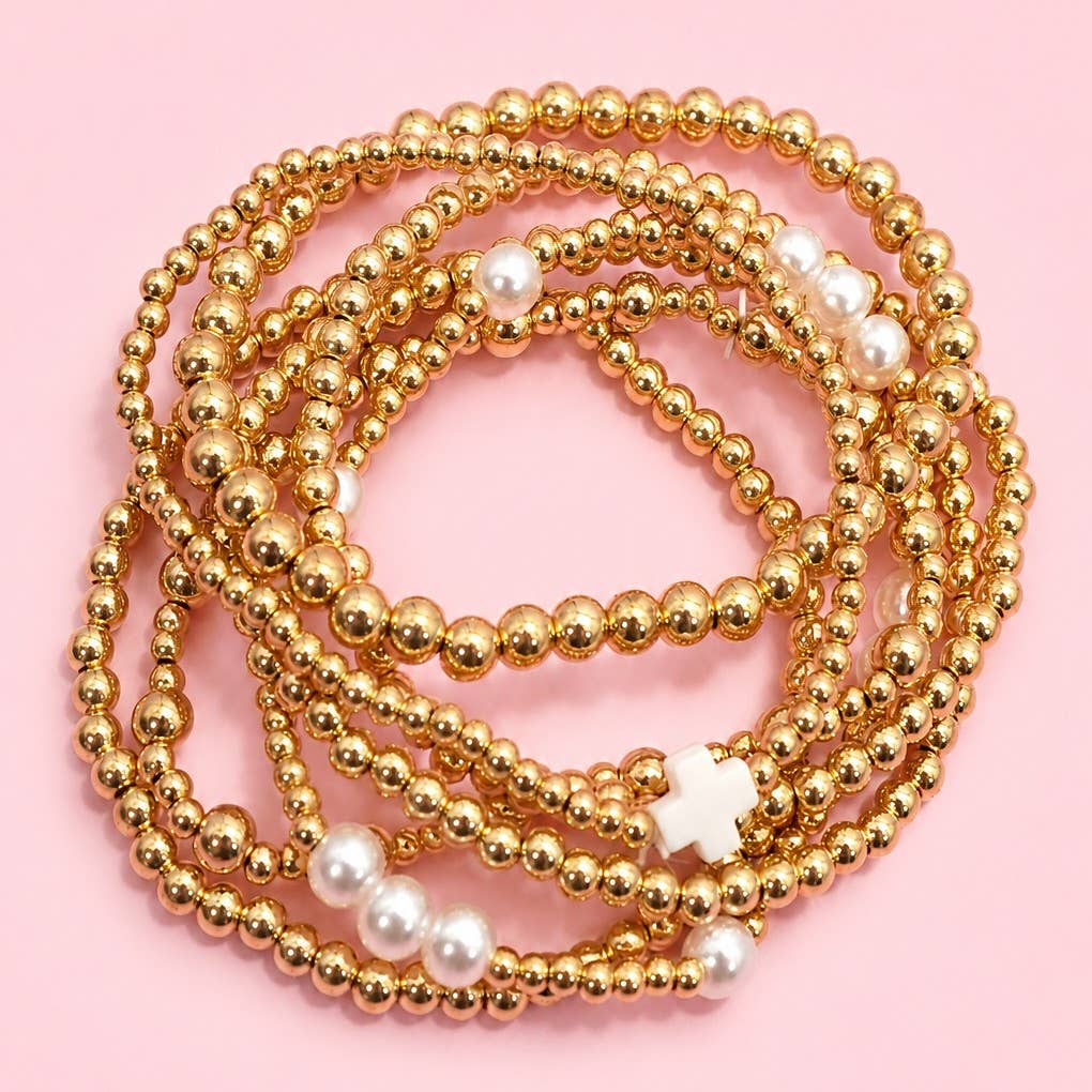 MULTI BALL PEARL BEAD CROSS STRETCHABLE BRACELET