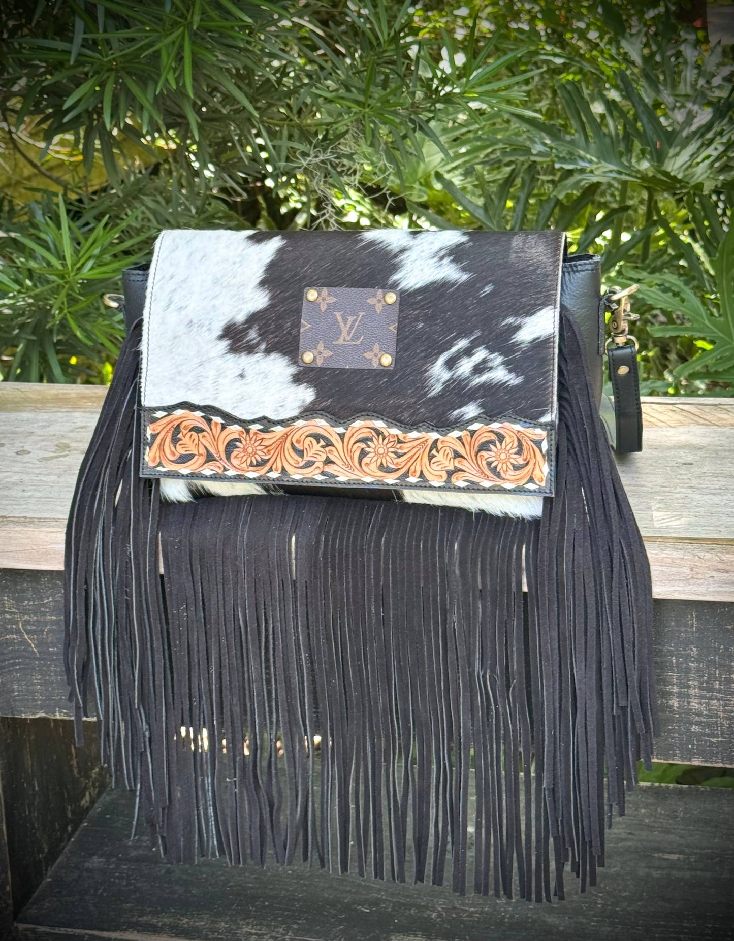 Upcycled LV Cowhide Leather Fringe Crossbody Bag Western