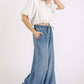 WASHED DENIM ELASTIC BUTTON FLY WIDE LEG PANTS