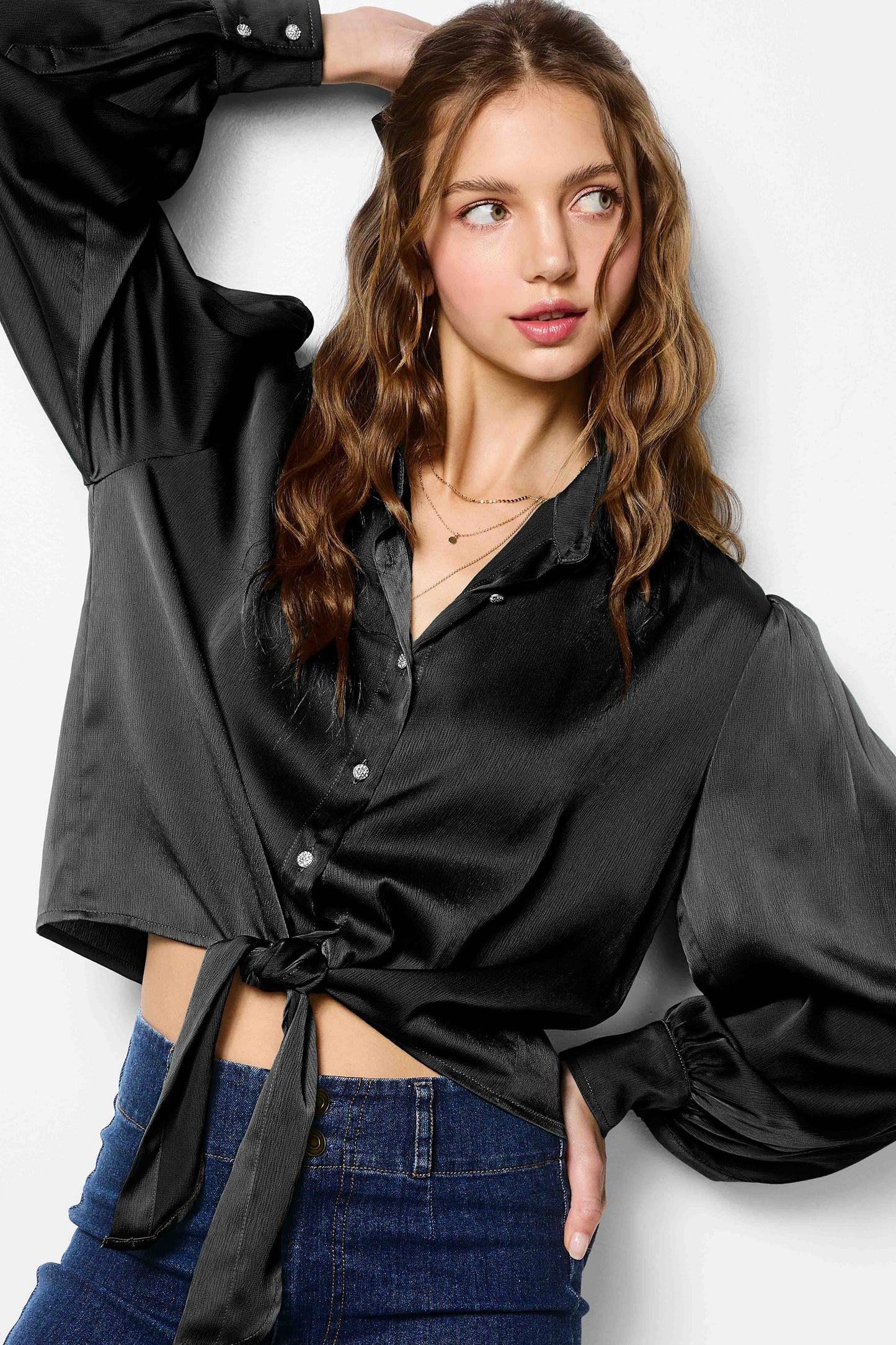 Flowy Button Down Balloon Sleeve Tie-Front Shirt