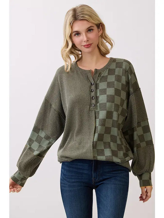 Rib and Checkered Patchwork Pullover Top
