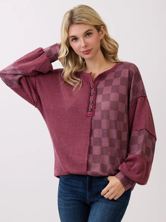 Rib and Checkered Patchwork Pullover Top