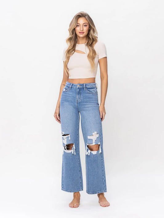 High Rise Distressed Wide Leg Jeans