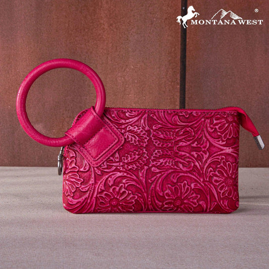 Floral Tooled Ring Handle Wristlet Clutch