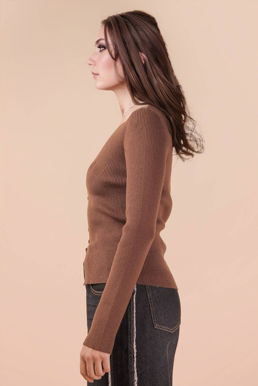 Button Down Fitted Knit Sweater Top