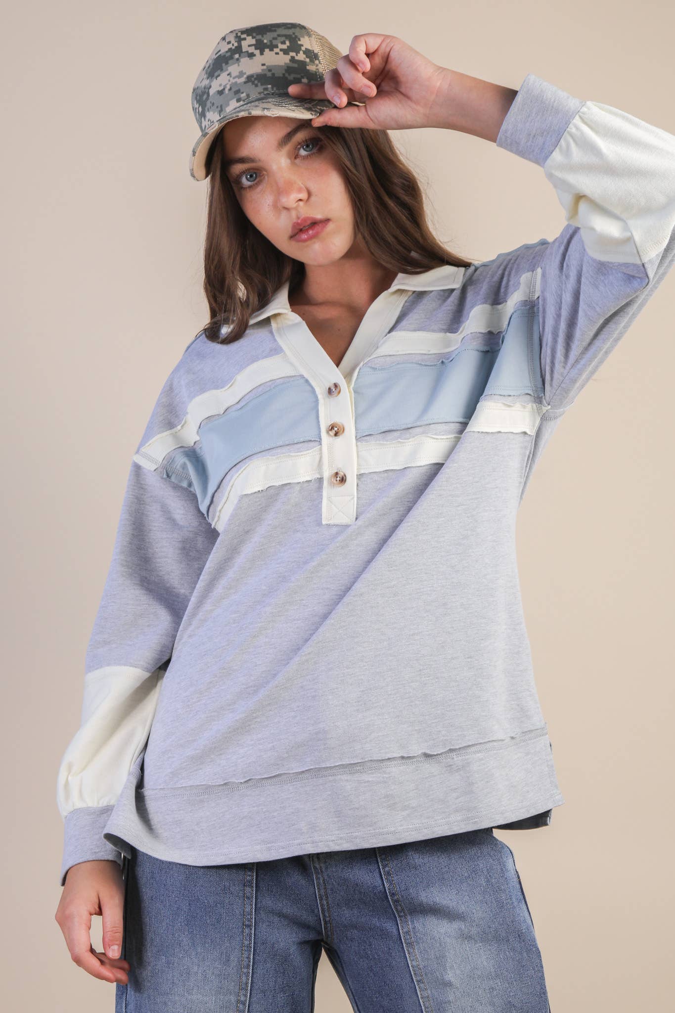 Color Block Oversized Collared Casual Knit Top