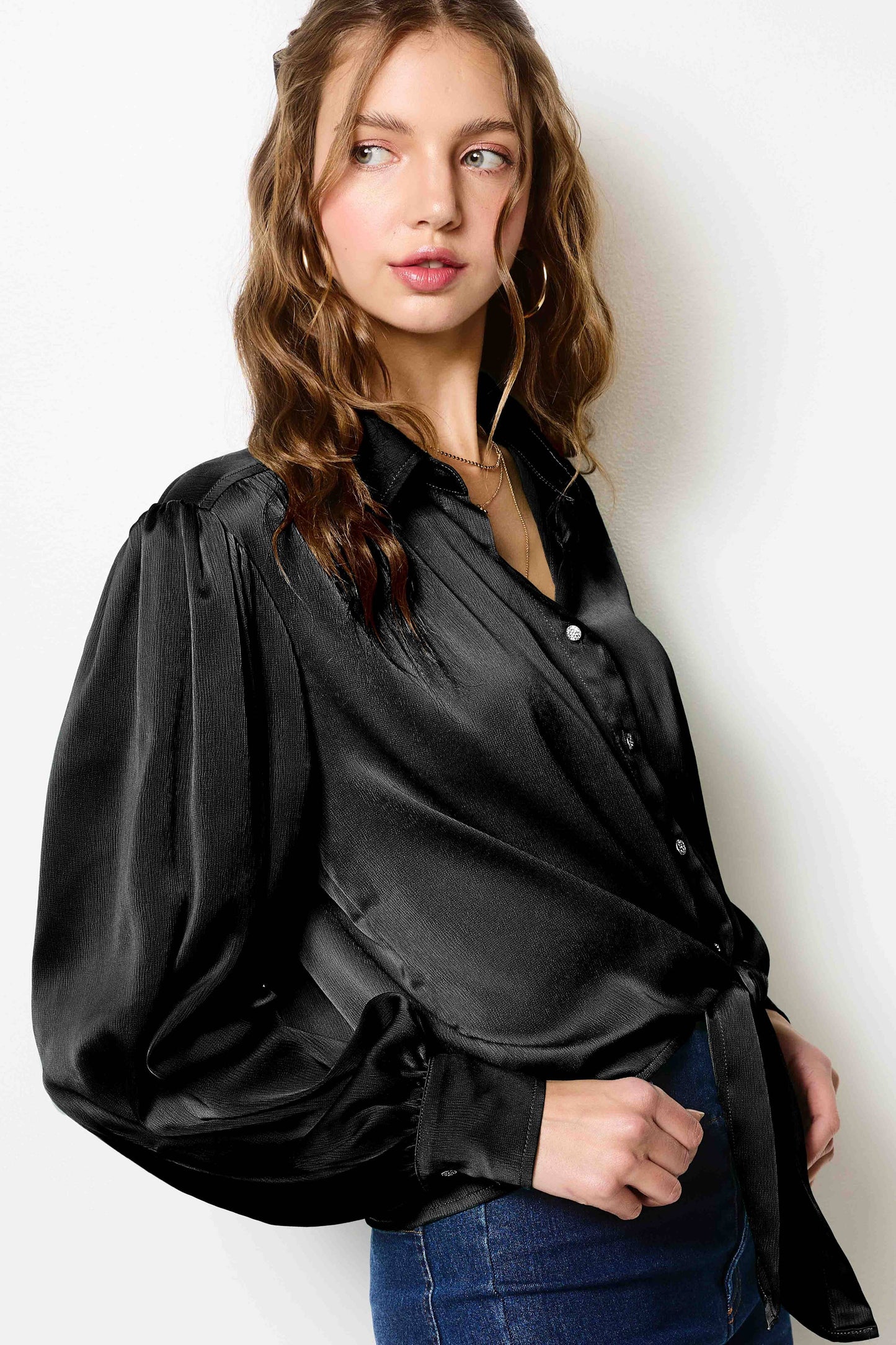 Flowy Button Down Balloon Sleeve Tie-Front Shirt