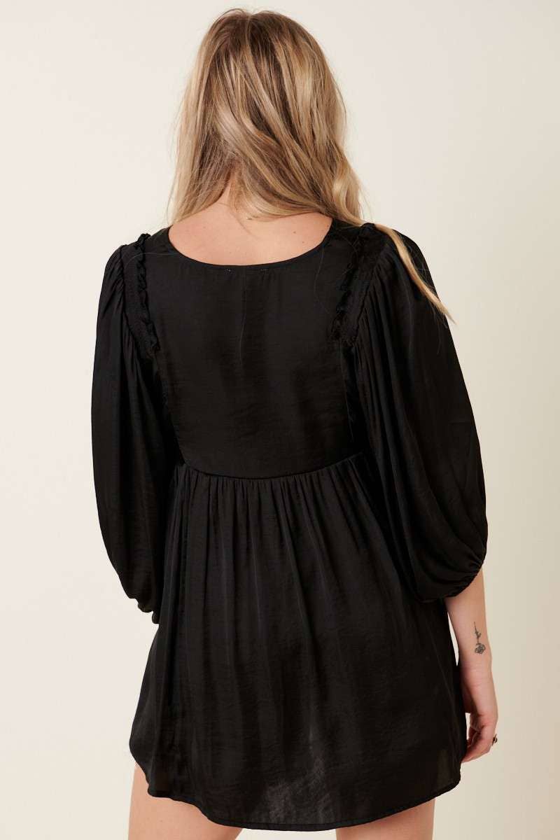 SATIN EMPIRE WAIST PUFF SLEEVE BLOUSE