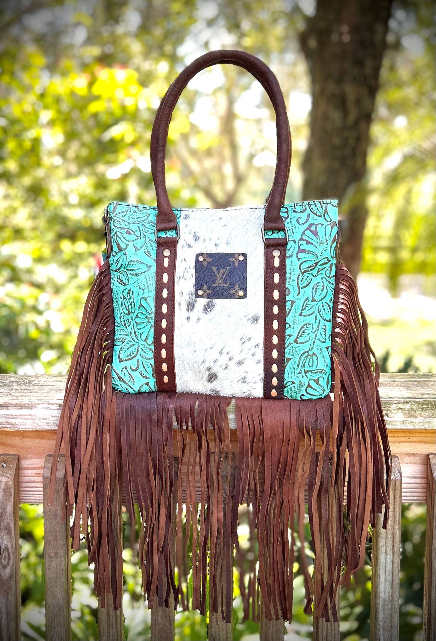 Upcycled LV Cowhide Leather Fringe Crossbody Satchel Bag
