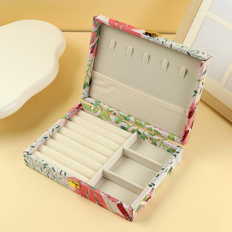 FLORAL PRINT JEWELRY ORGANIZER TRAVEL BOX CASE |