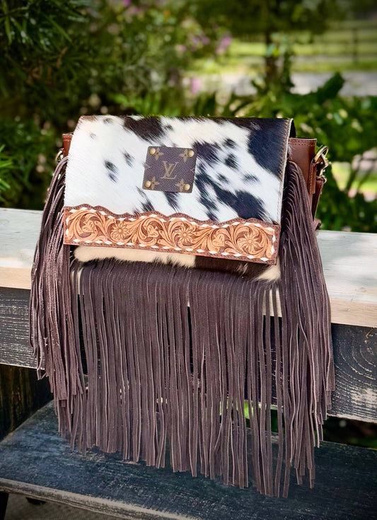 Upcycled Cowhide Leather Fringe Crossbody Bag Western Boho