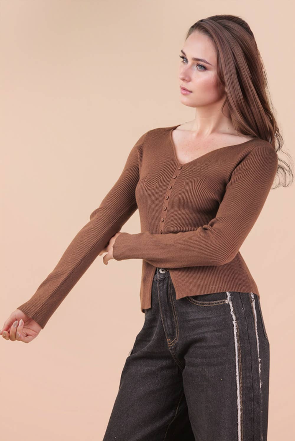 Button Down Fitted Knit Sweater Top