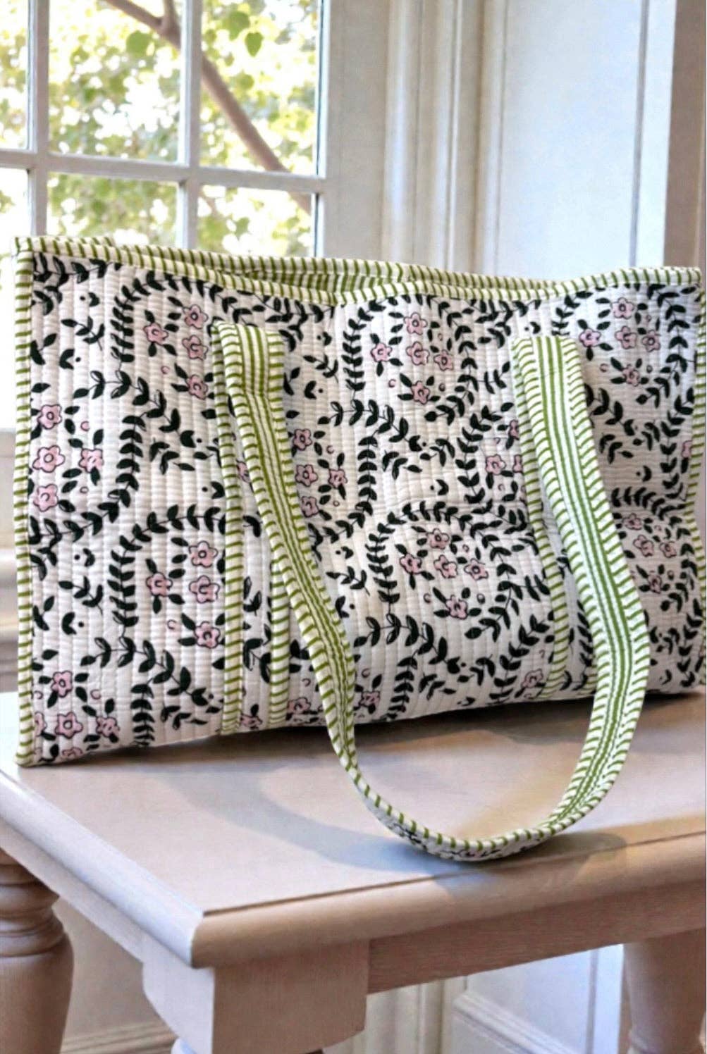 Camila Green Leaf Floral Tote Bag