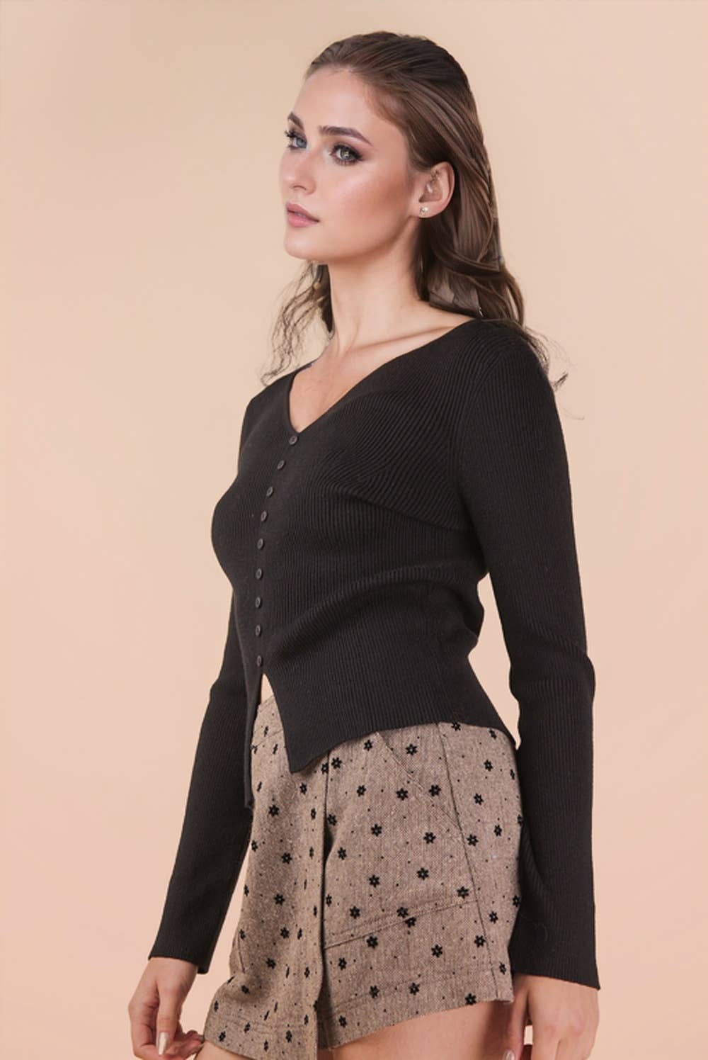 Button Down Fitted Knit Sweater Top