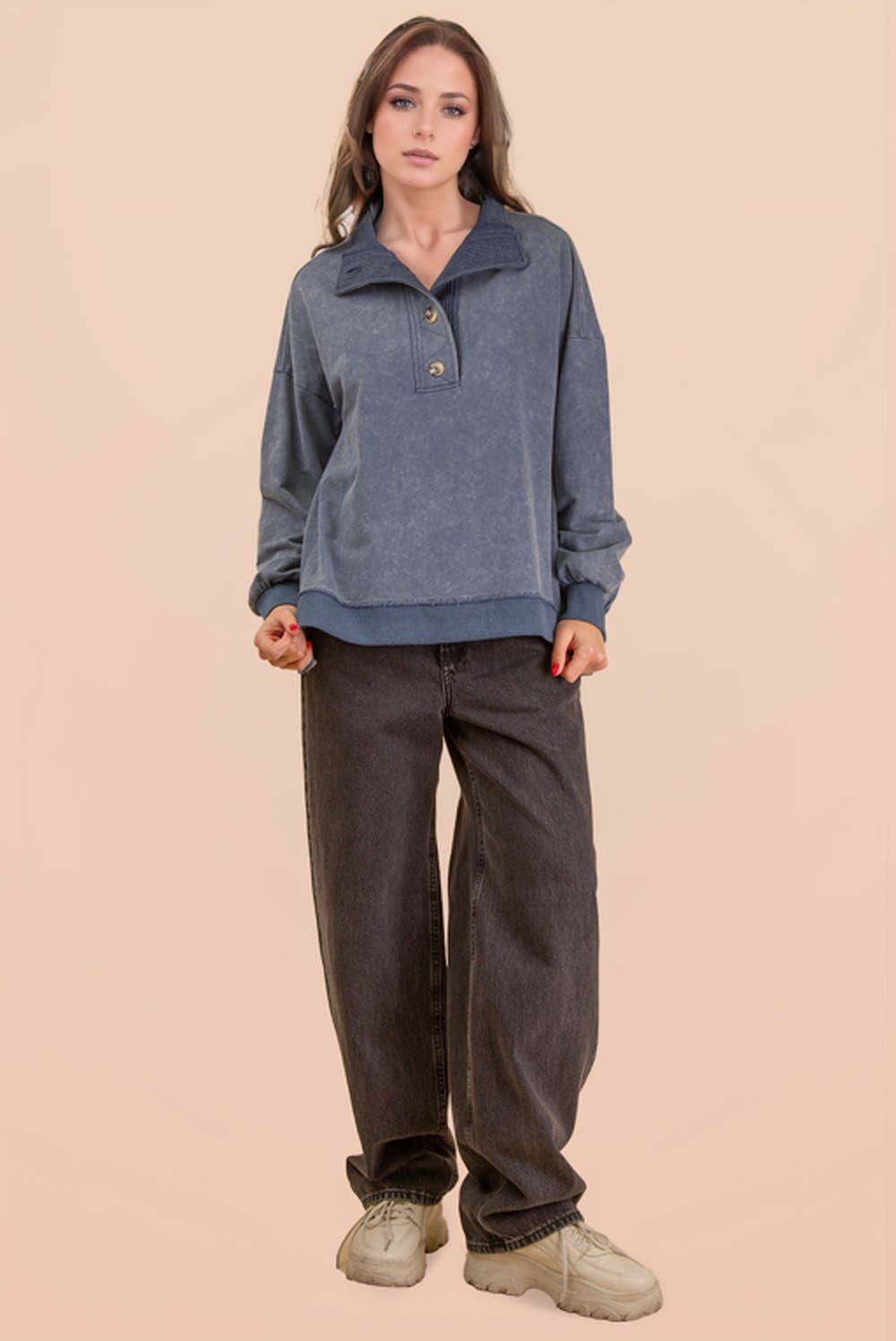 Mock Neck Mineral Washed Knit Causal Top