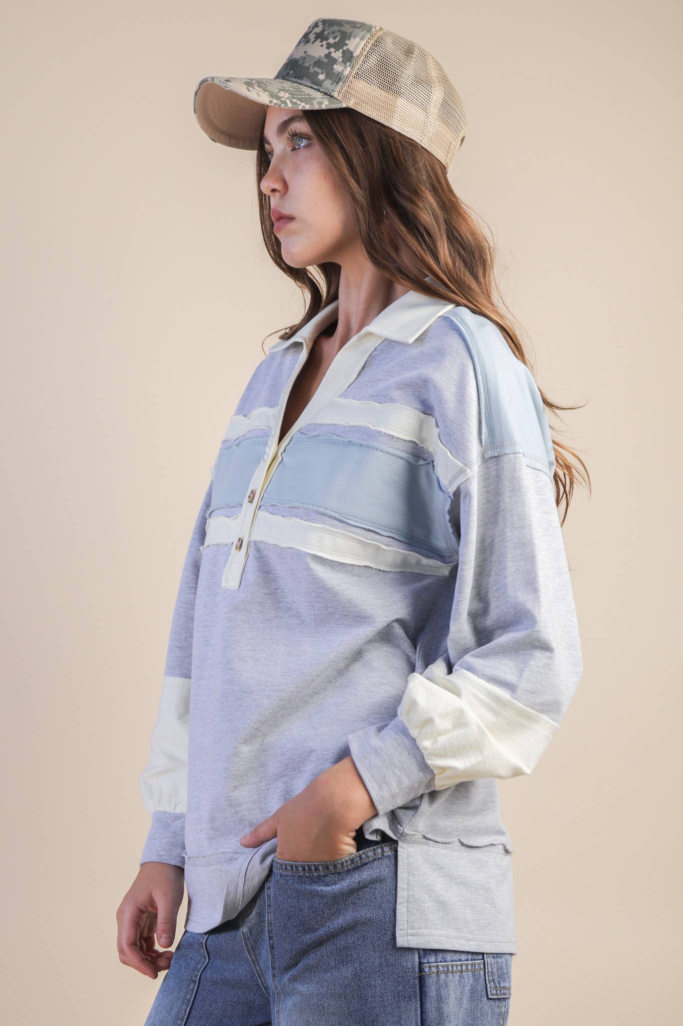 Color Block Oversized Collared Casual Knit Top