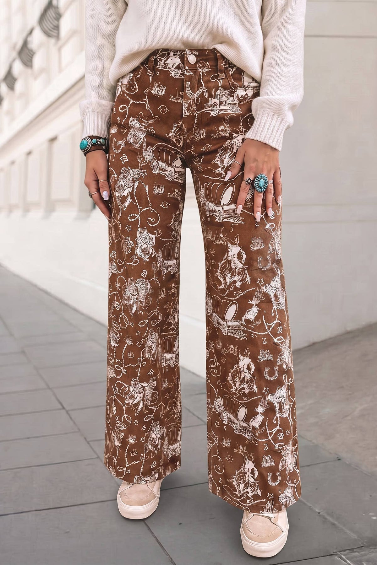 Western Printed Pockets Straight Jeans