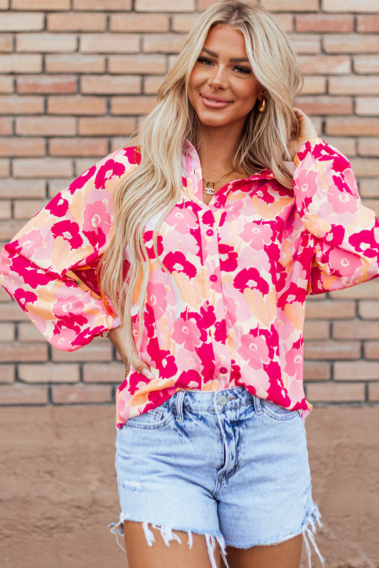 Pink Blooming Floral Print Puff Sleeve Buttoned Top