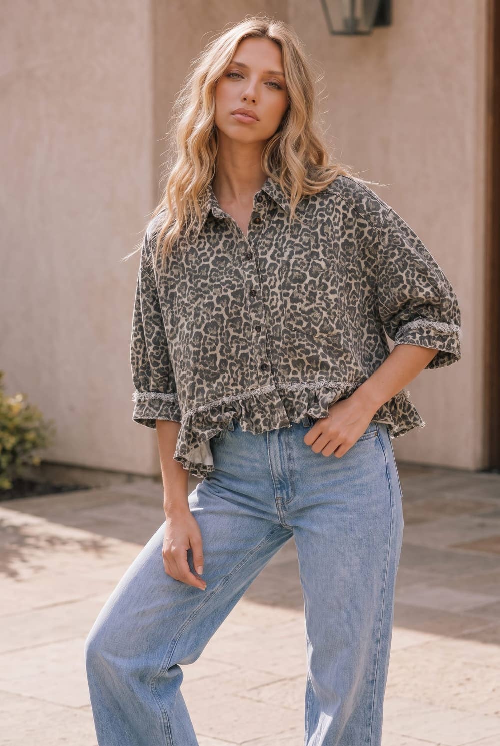Leopard Print Frayed Ruffle Hem Shirt Jacket