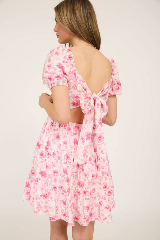 FLORAL OPEN BACK WITH TIE TIERED MINI DRESS