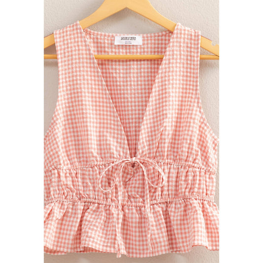 V-Neck Bow Detail Sleeveless Gingham Top