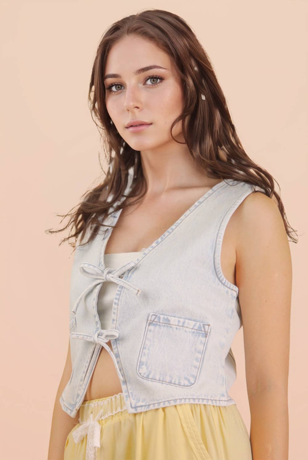 JEAN Acid Washed Denim Front Tie Vest