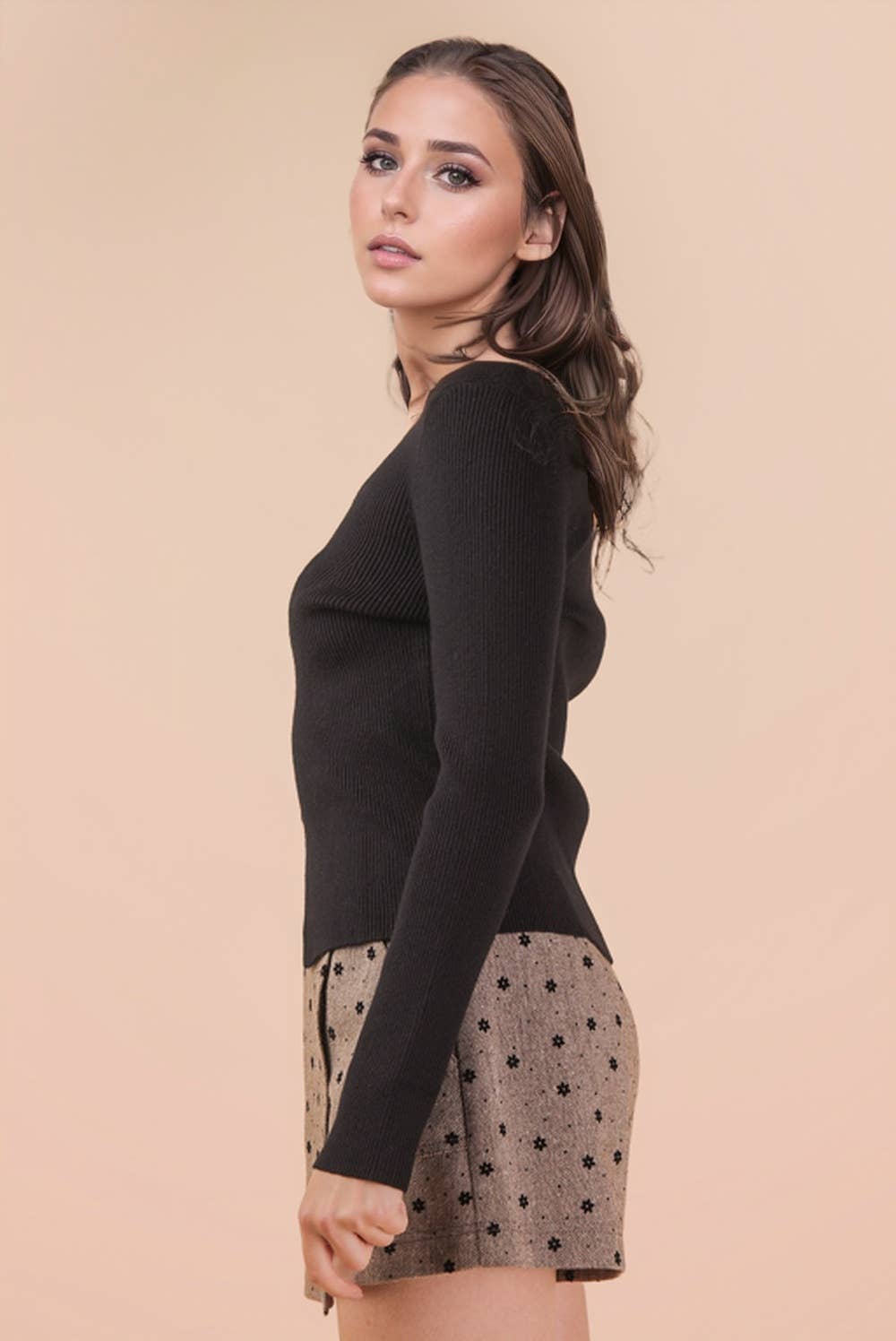 Button Down Fitted Knit Sweater Top