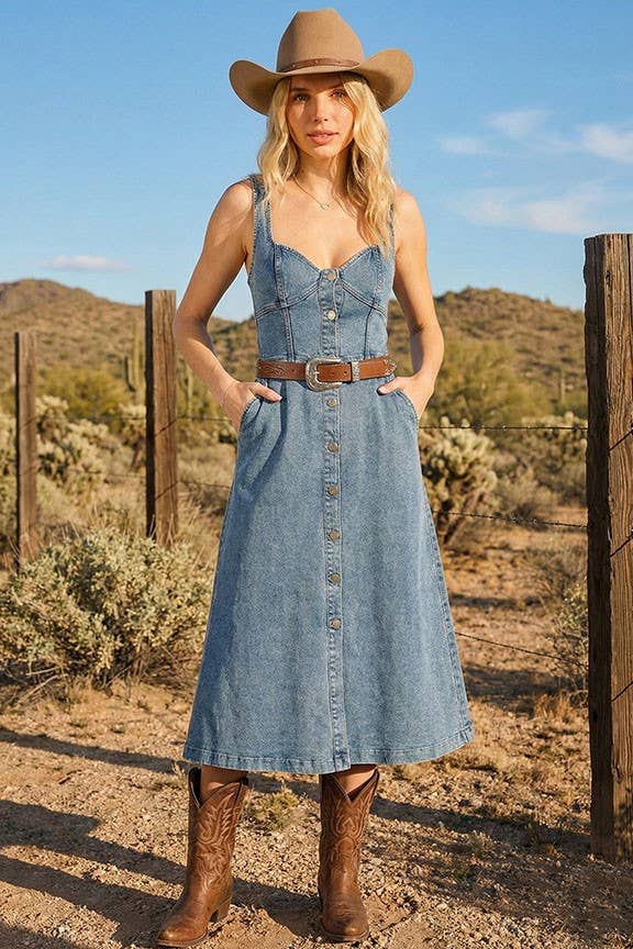 Sweetheart Button-down Denim Midi Dress w/ Pockets