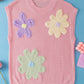 Pink Multi Crochet Flower Knit Short Sleeve Sweater Top