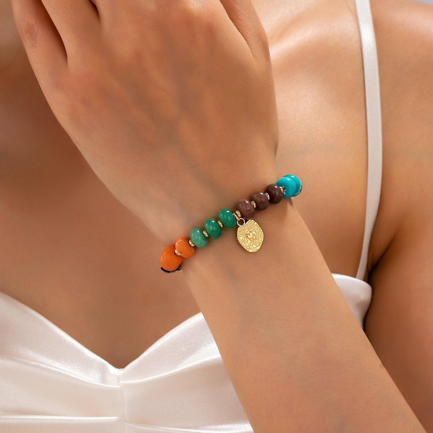 Natural Stone Heart Charm Stretch Bracelet
