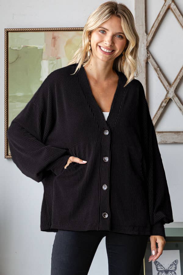 Solid Rib Button Balloon Sleeve Cardigan