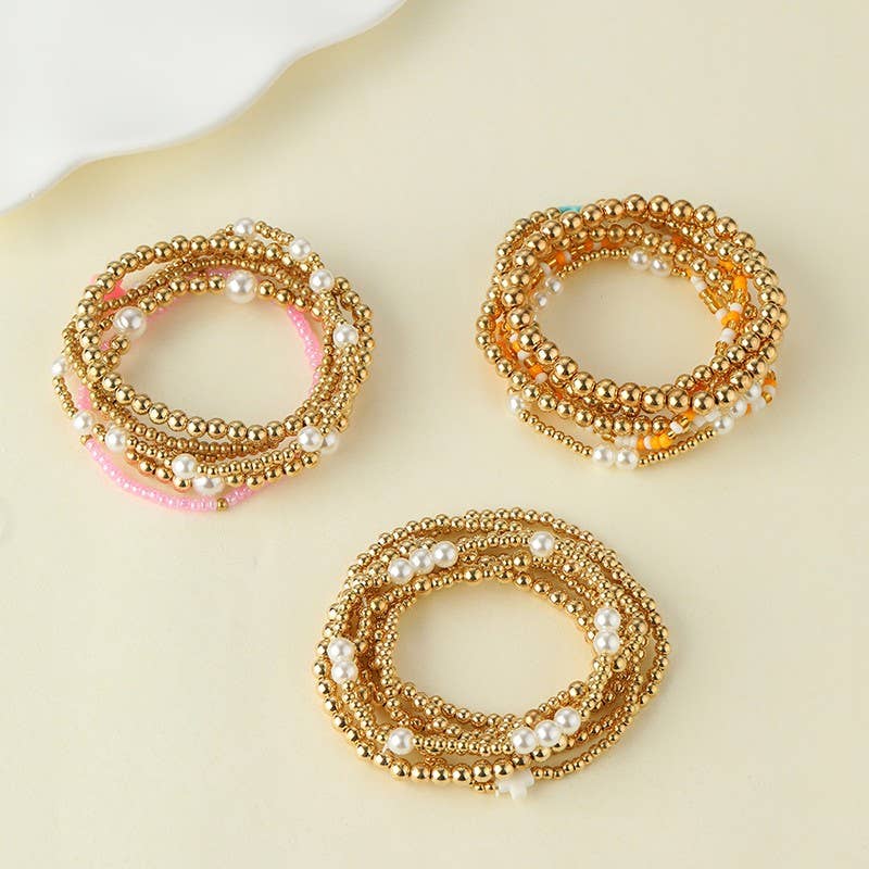 MULTI BALL PEARL BEAD CROSS STRETCHABLE BRACELET