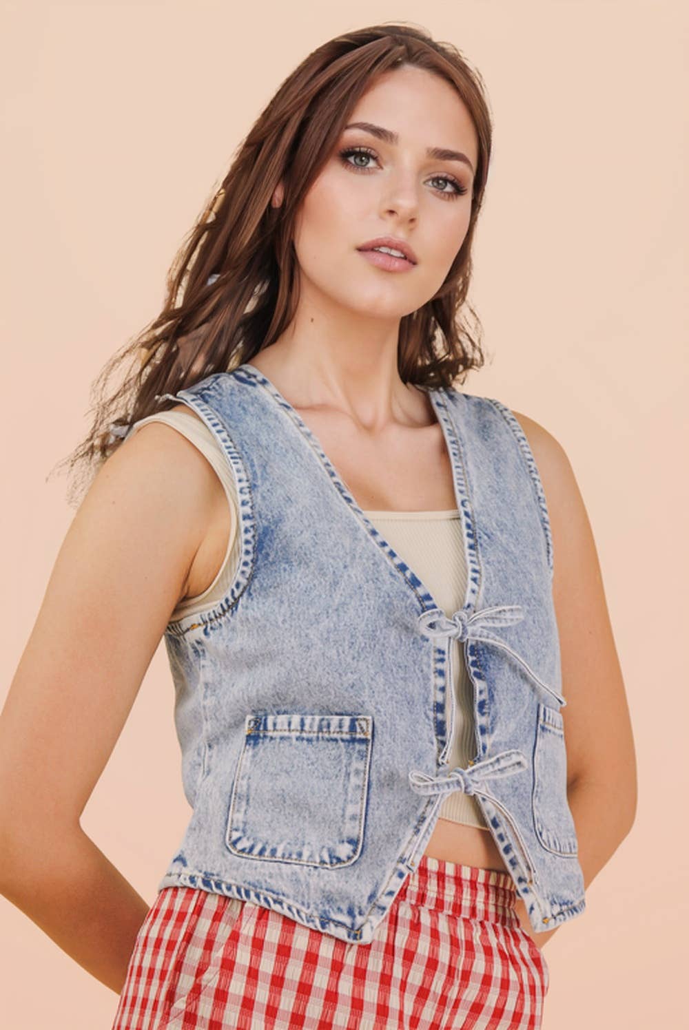JEAN Acid Washed Denim Front Tie Vest